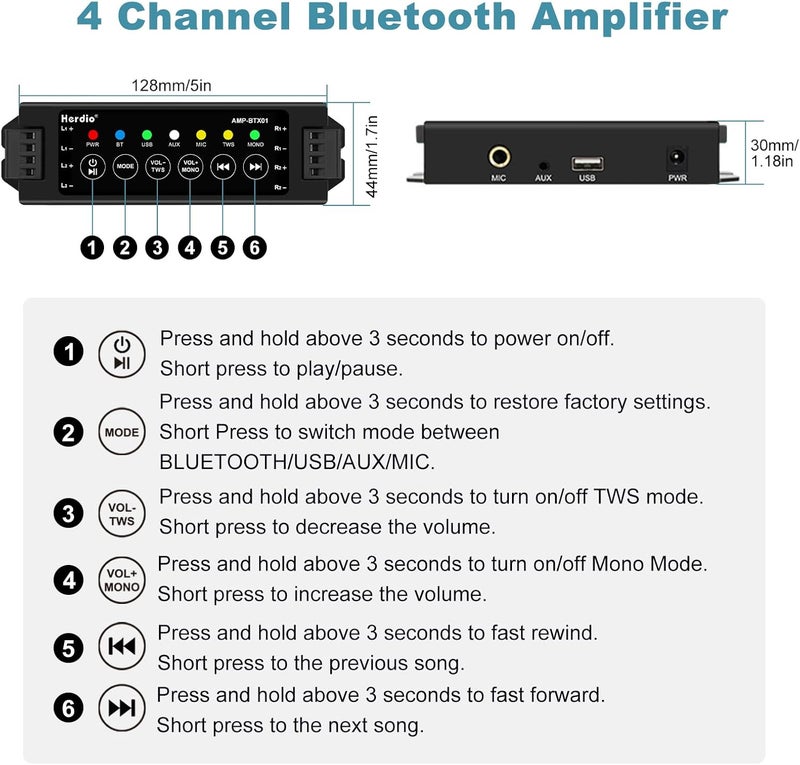 Herdio 4-Channel Bluetooth Amplifier Receiver - 200W Total Power (40W/Channel) with 24V5A Power Supply, IR Remote Control & Power-Off Memory - Ideal for Home, Garage, Ceiling & Passive Speakers - Image 5